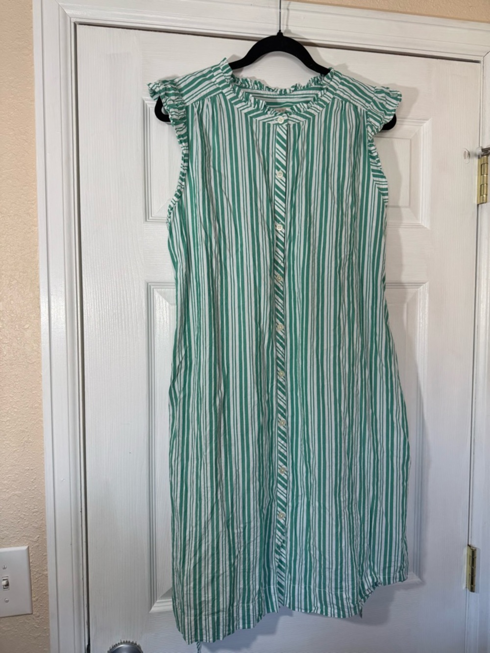 LOFT Green and White Striped Ruffle-Shoulder Shirt Dress - Picture 2 of 6